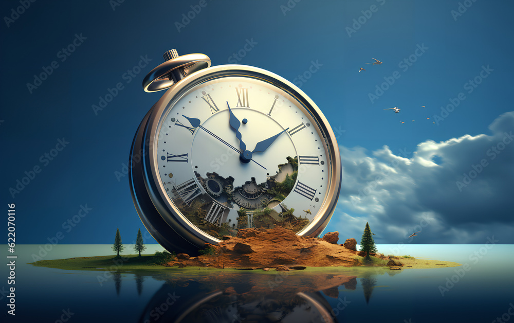 Concept of time. A giant pocket watch on a island in the middle of the ocean on a clear day. Generative AI.