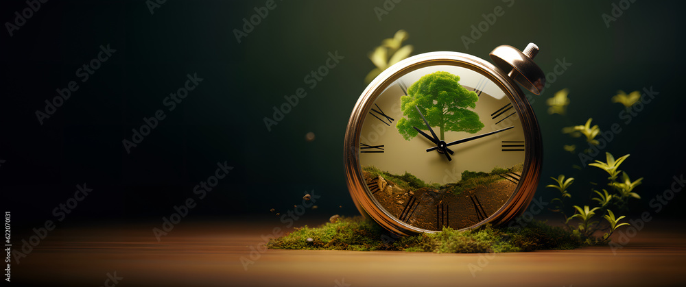 Concept of time. A clock surrounded by small plants representing the new life as the time passes with a miniature tree inside it. Generative AI.
