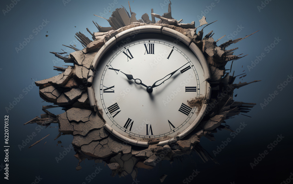 Concept of time. A giant ancient clock emerging from floating stones and sand. Generative AI.