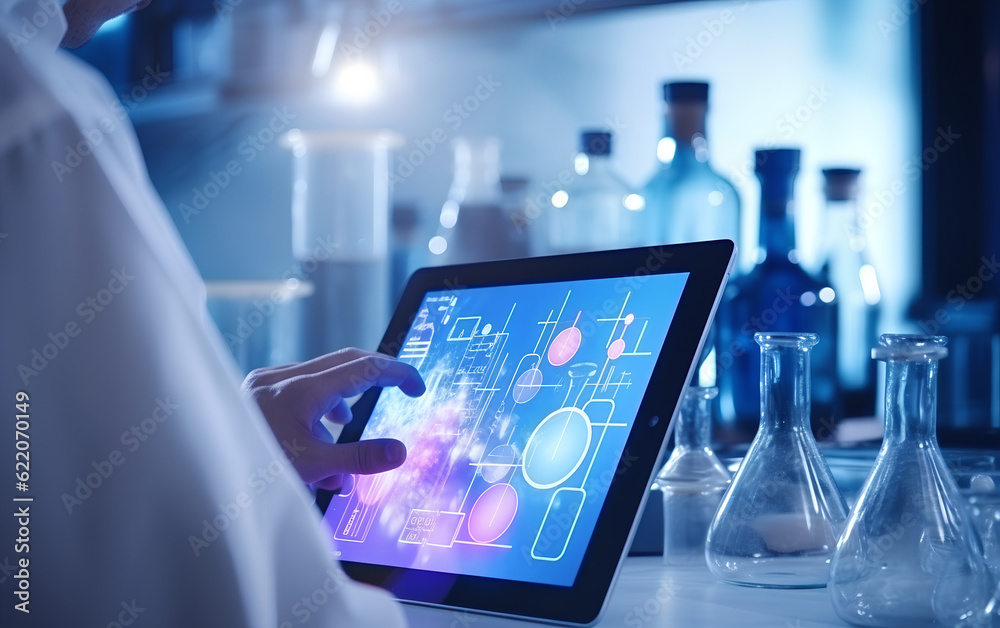 Scientist studying and developing new medicine, cure and vaccines on a futuristic screen display with technological features in his medical laboratory. Generative AI.