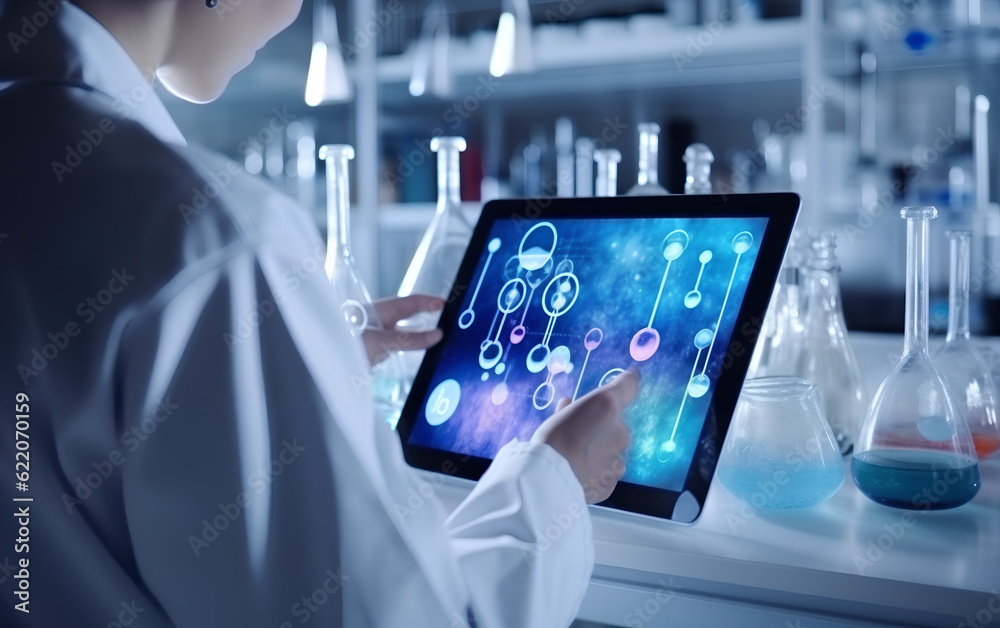 Scientist studying and developing new medicine, cure and vaccines on a futuristic screen display with technological features in his medical laboratory. Generative AI.