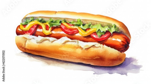 Hand drawn watercolor illustration of a hot dog on a white background.