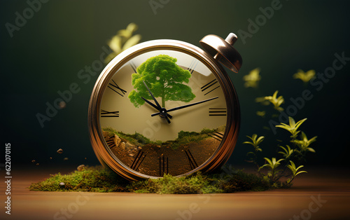 Obraz na płótnie Concept of time. A clock surrounded by small plants representing the new life as the time passes with a miniature tree inside it. Generative AI. w salonie