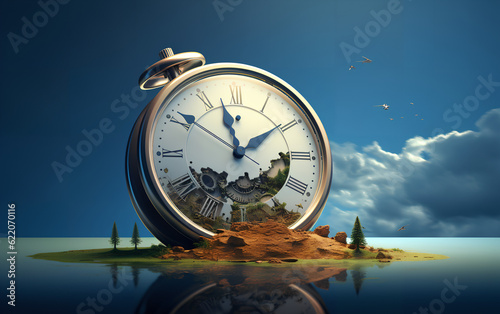 Obraz na płótnie Concept of time. A giant pocket watch on a island in the middle of the ocean on a clear day. Generative AI. w salonie