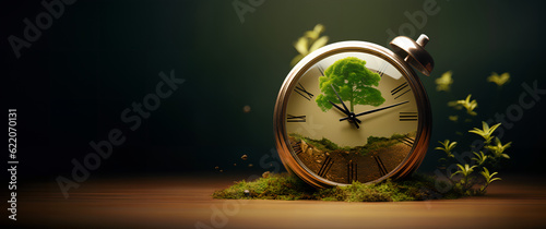 Obraz na płótnie Concept of time. A clock surrounded by small plants representing the new life as the time passes with a miniature tree inside it. Generative AI. w salonie