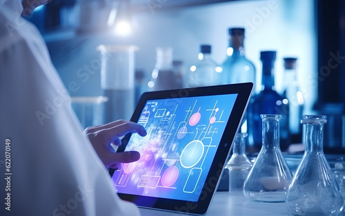Obraz na płótnie Scientist studying and developing new medicine, cure and vaccines on a futuristic screen display with technological features in his medical laboratory. Generative AI. w salonie