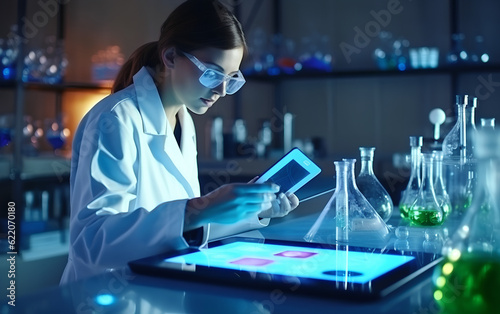 Scientist studying and developing new medicine, cure and vaccines on a futuristic screen display with technological features in his medical laboratory. Generative AI.