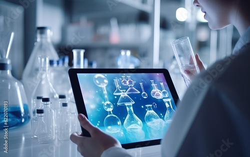 Obraz na płótnie Scientist studying and developing new medicine, cure and vaccines on a futuristic screen display with technological features in his medical laboratory. Generative AI. w salonie