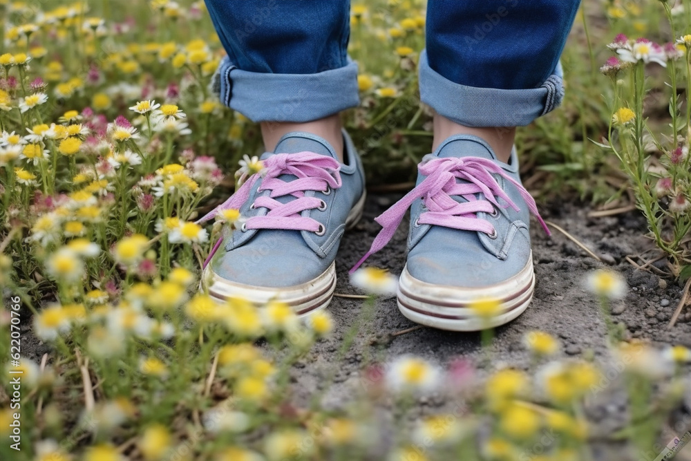 lifestyle woman flowers female grass fashion young green spring sneakers white. Generative AI. lifestyle woman flowers female grass fashion young green spring sneakers white. Generative AI.