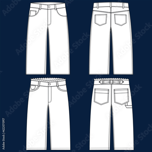 Silhouettes or technical lines of jean pants with seasonal cuts and pockets for men, boys, girls or women.