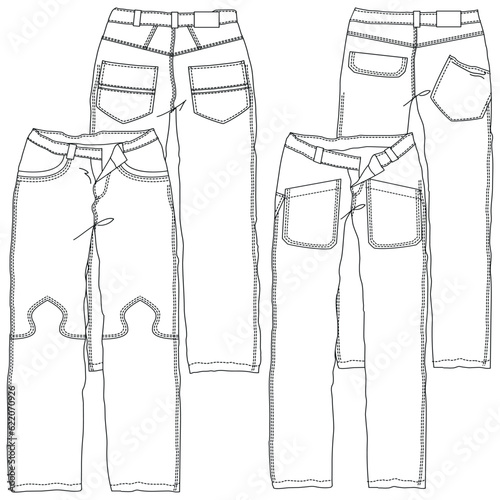 Silhouettes or technical lines of jean pants with seasonal cuts and pockets for men, boys, girls or women.