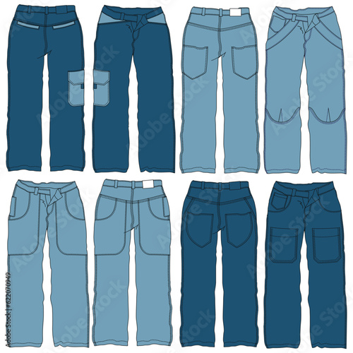 Silhouettes or technical lines of jean pants with seasonal cuts and pockets for men, boys, girls or women.