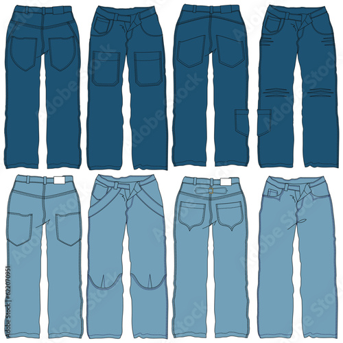 Silhouettes or technical lines of jean pants with seasonal cuts and pockets for men, boys, girls or women.
