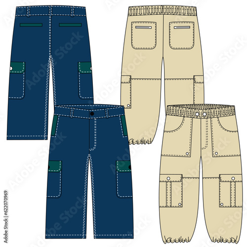 Silhouettes or technical lines of jean pants with seasonal cuts and pockets for men, boys, girls or women.