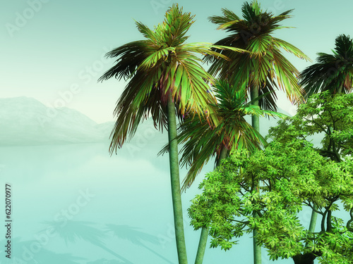 3D render of palm trees looking over a misty ocean