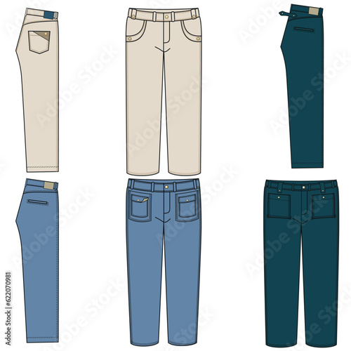 Silhouettes or technical lines of jean pants with seasonal cuts and pockets for men, boys, girls or women.
