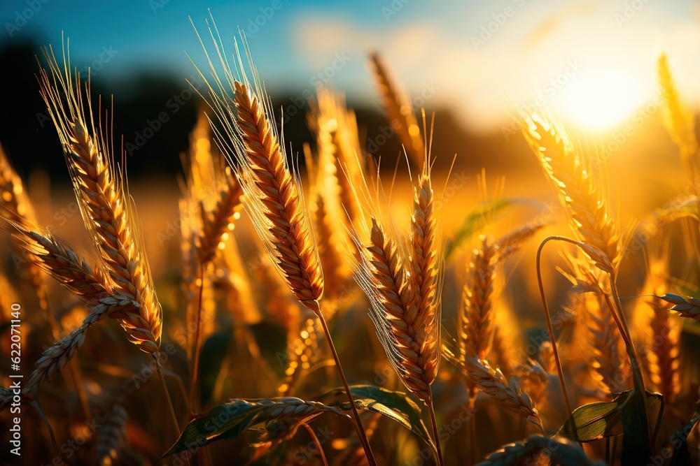 Golden ears of harvest wheat in the setting sun. Harvest season of grain crops. grain deal. Agricultural fields. AI generation