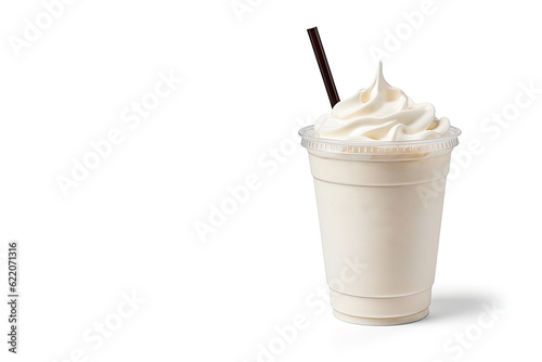 Vanilla milkshake in plastic takeaway cup isolated on white background with copy space