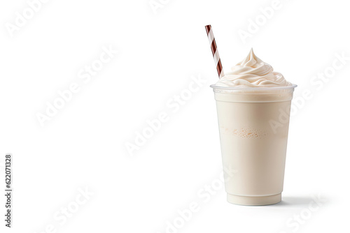 Vanilla milkshake in plastic takeaway cup isolated on white background with copy space