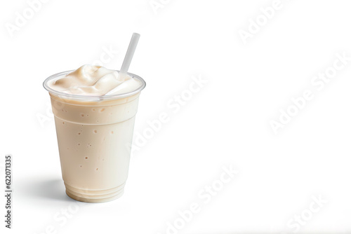 Vanilla milkshake in plastic takeaway cup isolated on white background with copy space