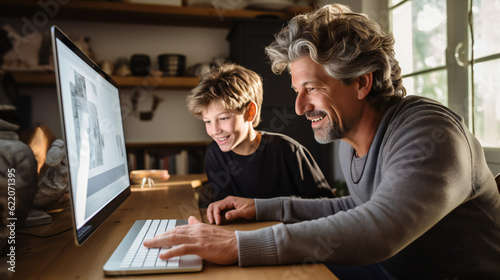 Father and Son behind Laptop Computer