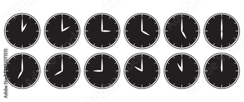Set icons of Watch, Time and clock, Black simple flat icons designs style. Complete twelve hours pointed clockwise o'clock sharp vector illustration. Analog wall clocks icons set. 