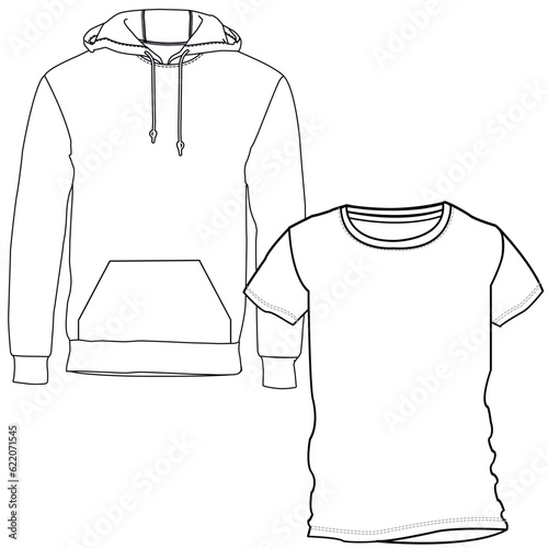 Silhouettes or technical lines of sweatshirts for both men and women for seasonal clothing, some with an opening in the front, bag and hood.