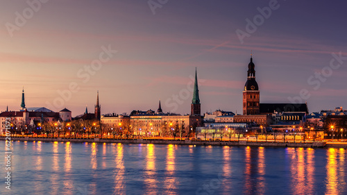 Riga, Latvia: Old Town of at night. The view from Daugava river