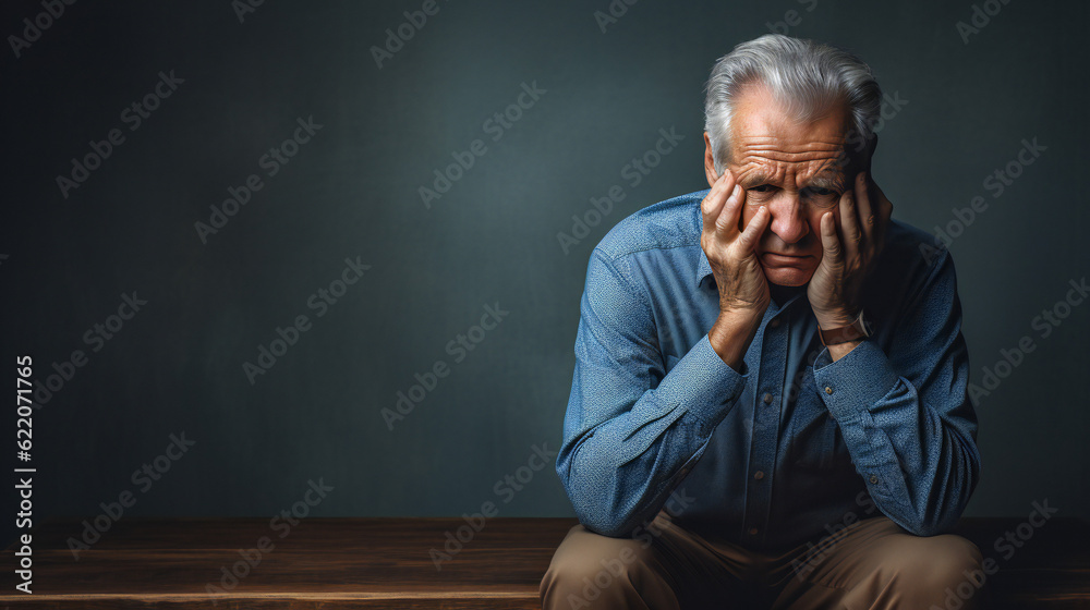Portrait of a senior person with head in his hands, depressed, sad and alone, in doubt, unsure Portrait of a senior person with head in his hands, depressed, sad and alone, in doubt, unsure