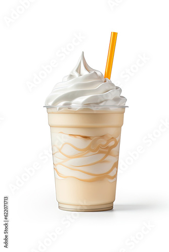 Vanilla milkshake in plastic takeaway cup isolated on white background