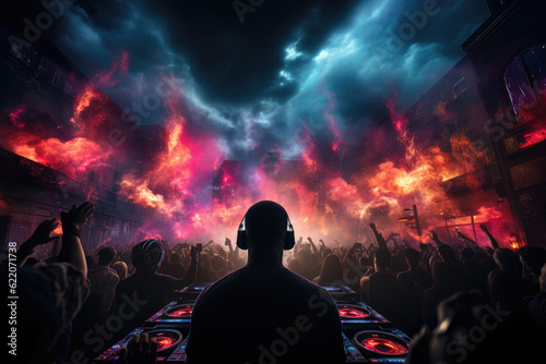 DJ night club party rave with a crowd, representing music, celebration, and a festive atmosphere. Generative Ai.