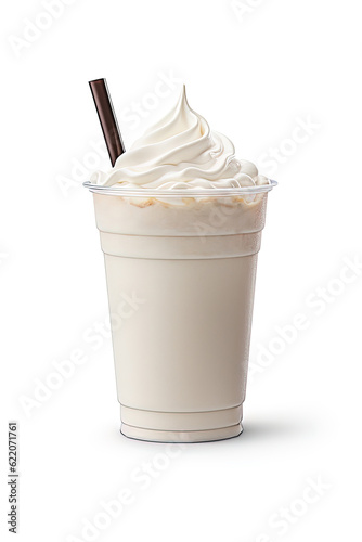 Vanilla milkshake in plastic takeaway cup isolated on white background