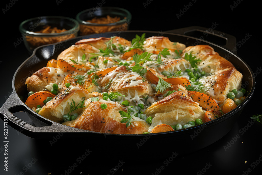 Appetizing image of a chicken pot pie, a comforting dish with chicken and vegetables in a creamy sauce, topped with a flaky crust. Generative Ai.
