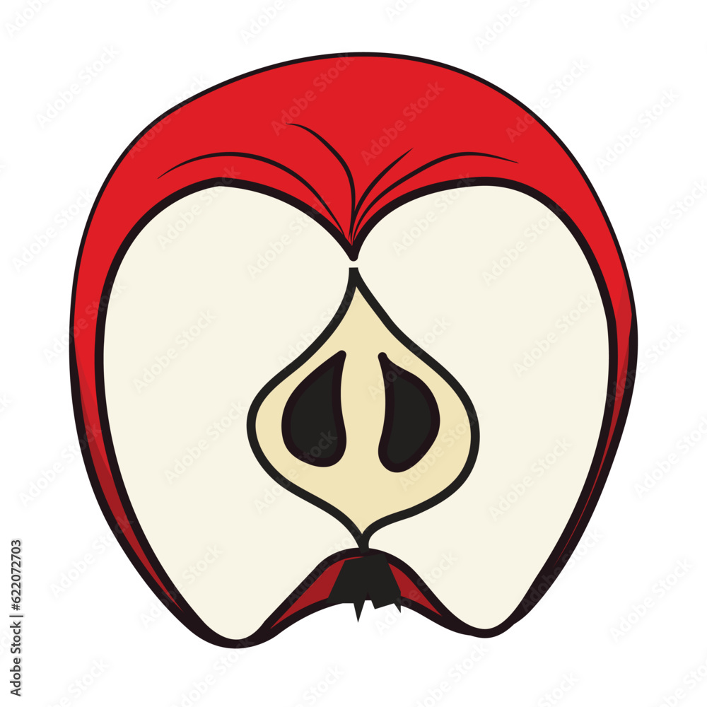 Half of a red apple in cartoon style. Vector illustration isolated on white background. Half of a red apple in cartoon style. Vector illustration isolated on white background.