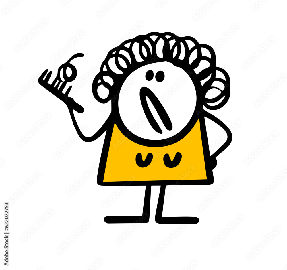 Disgruntled young woman with curly hair holds a broken comb in her hand