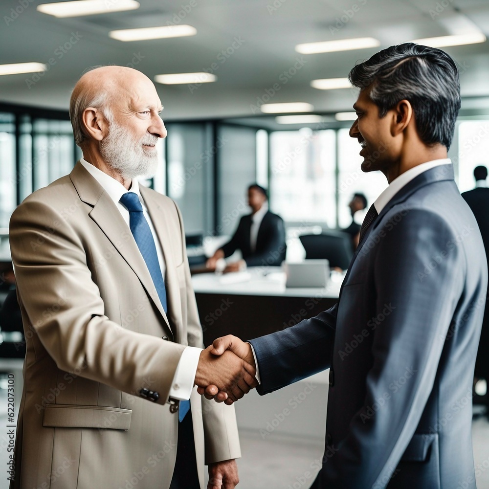 American businessman shakes hands with Indian businessman in an office setting; International Business Relations