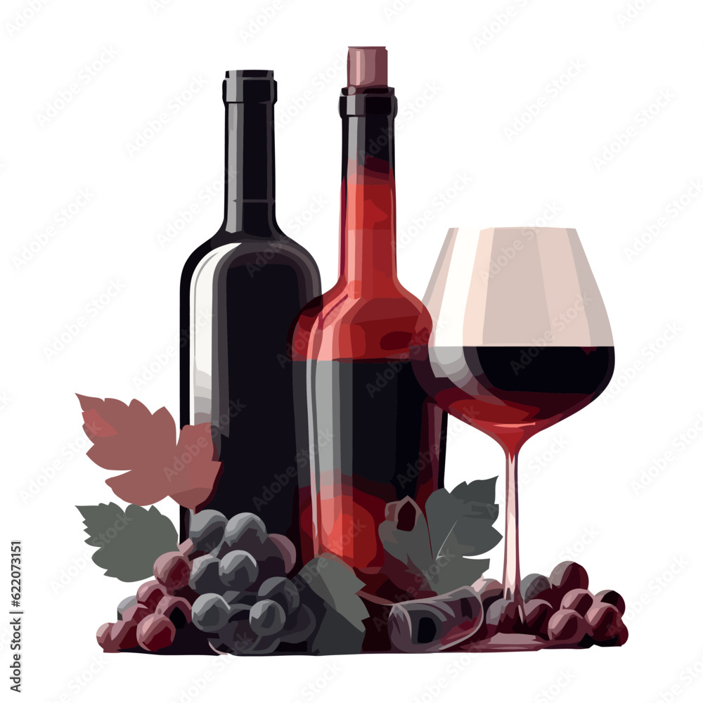 Obraz premium Gourmet red wine bottle and glass with grapes