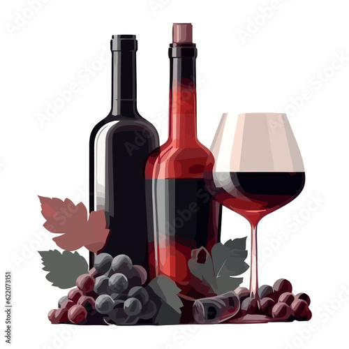Gourmet red wine bottle and glass with grapes