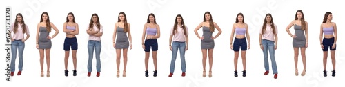 line of the same girl in different outfits on white background