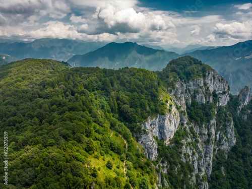 Aerial photo Mountain village in Italy, Piani dei Resinelli, Lecco. Lake Como