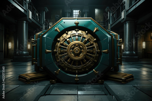 The concept of bank vault door locker safety and security is conveyed, emphasizing the importance of protecting valuable assets. Generative Ai.