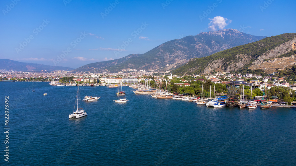 Aerial view of ships in Fethiye harbor.
