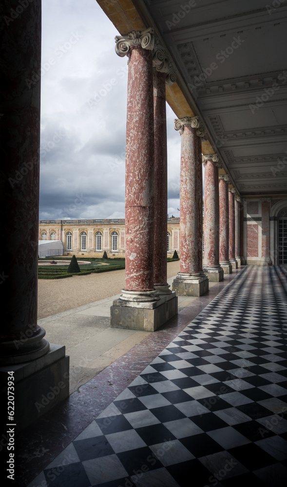 The spacious open-air lobby of the Grand Trianon, building in the northwestern part of the Domain of Versailles, Paris, France