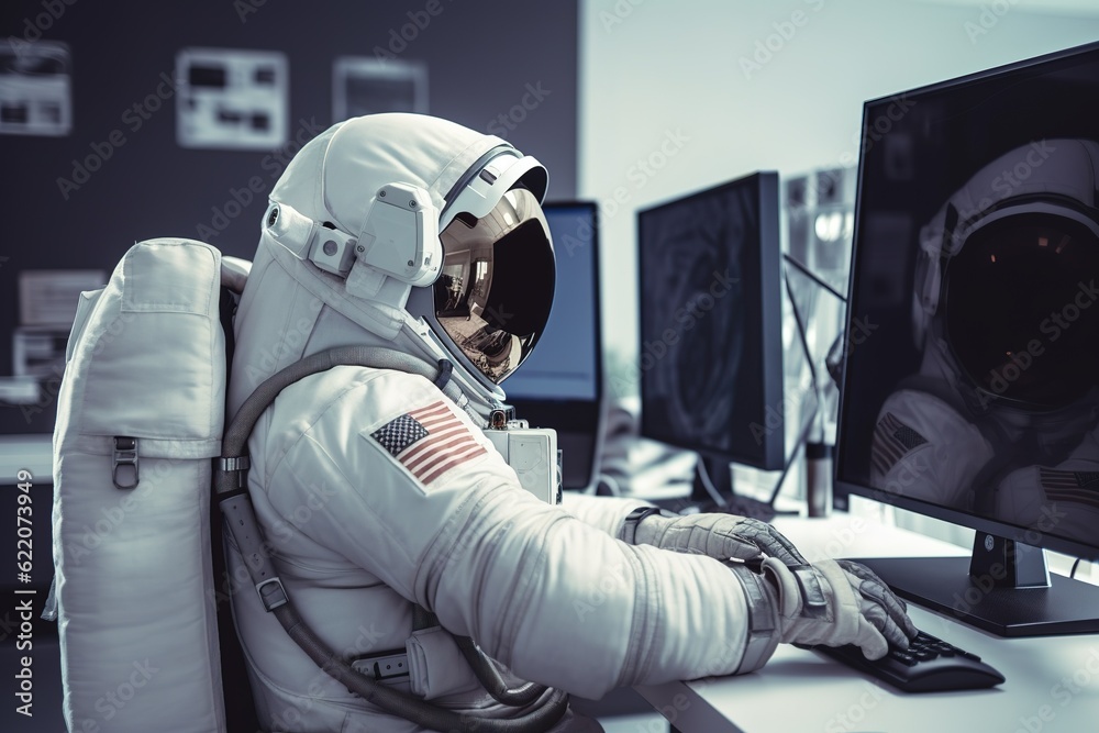 Astronaut im Astronautenanzug am Schreibtisch im Büro vor dem Laptop. - obrazy, fototapety, plakaty 