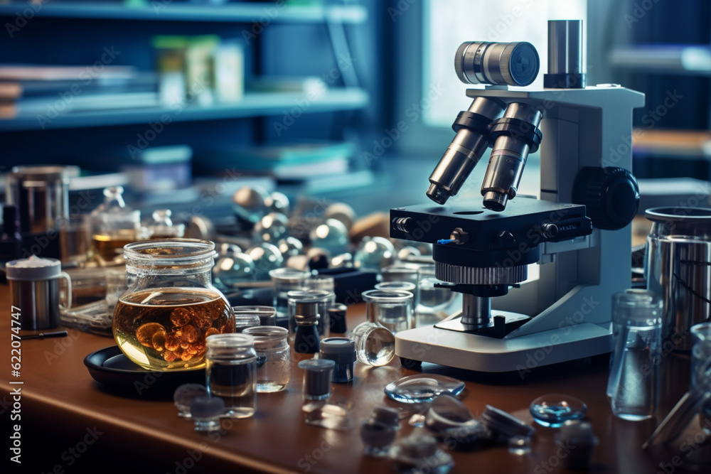 microscope with lab glassware, science laboratory research and development concept microscope with lab glassware, science laboratory research and development concept