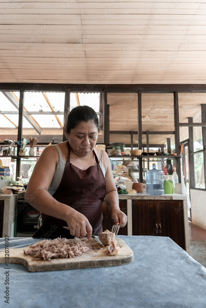 An adult Hispanic woman is chopping beef to make a traditional salad