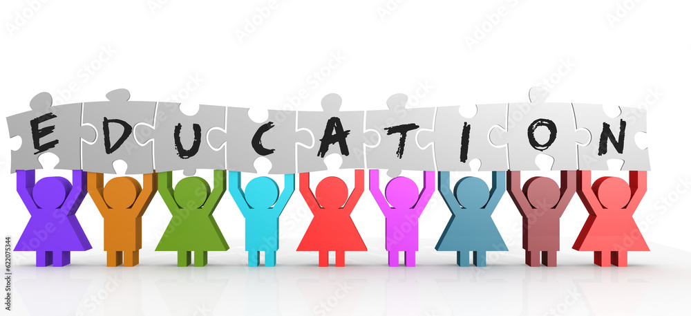 Nine people hold puzzle with education word, 3D rendering Nine people hold puzzle with education word, 3D rendering