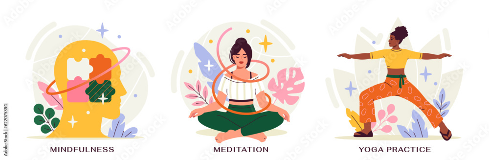 Human mental health. Set with yoga, meditation and mental fullness. Calm female characters in lotus and warrior position. Relaxed women releasing stress and anxiety. Cartoon flat vector illustrations
