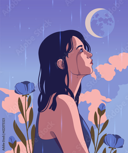 Sad girl crying. Upset girl sits in rain evening. Apathy, depression and loneliness concept. Female doomed character has mental psychological problems and melancholy. Cartoon flat vector illustration