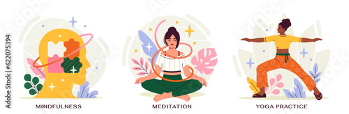 Human mental health. Set with yoga  meditation and mental fullness. Calm female characters in lotus and warrior position. Relaxed women releasing stress and anxiety. Cartoon flat vector illustrations